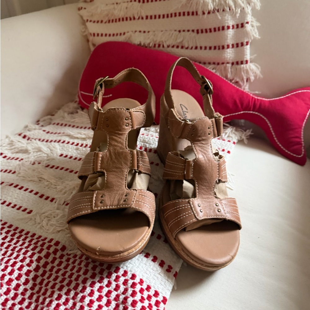 Clarks Brown Leather Strappy Slingback Wedge Sandals Sz 10